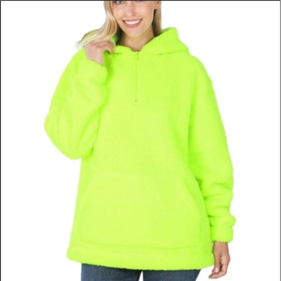 𝅺Half Zip Neon Yellow Sherpa Jacket - Picture 1 of 2